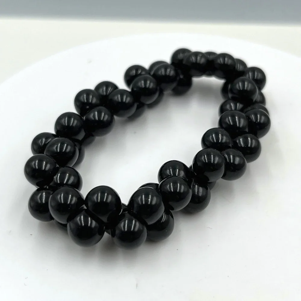 Vintage‎ Black Double Strand Beaded Stretch Bracelet Glossy Round Beads Classic